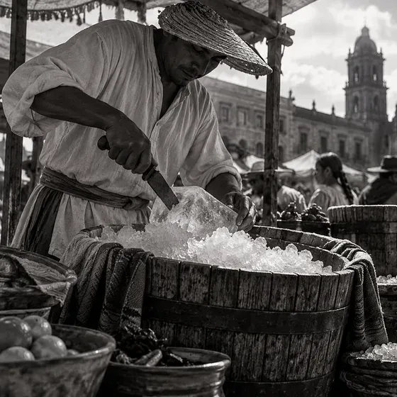 Nevero picando hielo en un puesto de la Nueva España