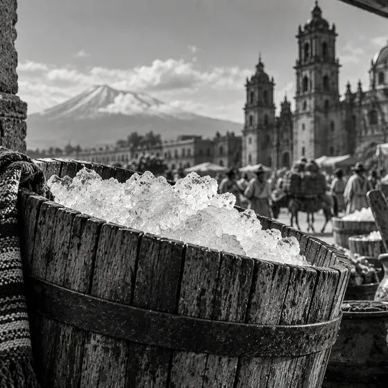 Barrica de madera llena de hielo en un mercado frente a la catedral